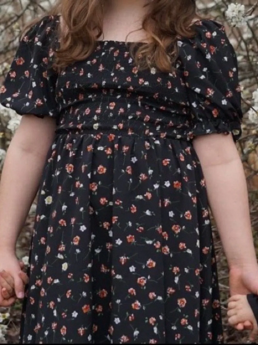 SHEIN Black Floral Puff-Sleeve Midi Dress with Red Accents